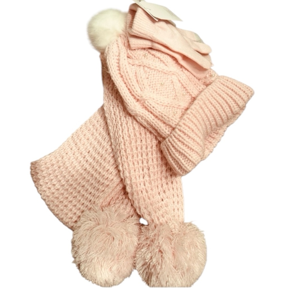 NWT Love 2 Design Girls Cozy Pink Knit‎ Hat, Scarf & Gloves Set - Picture 2 of 5